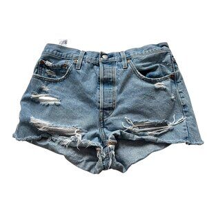 Levis jean shorts light wash denim 30" waist distressed ripped cut offs button